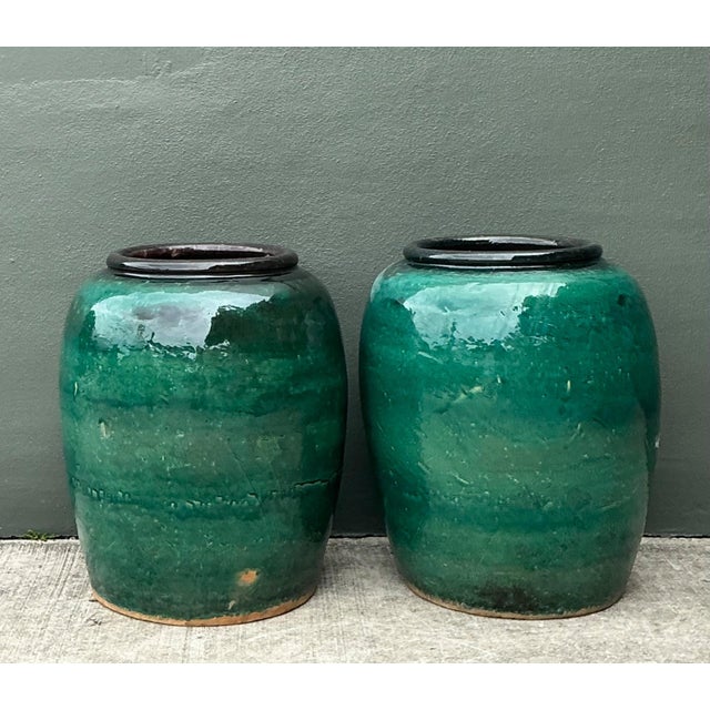 Vintage Green Glazed Earthenware Vessels - A Pair For Sale - Image 10 of 18