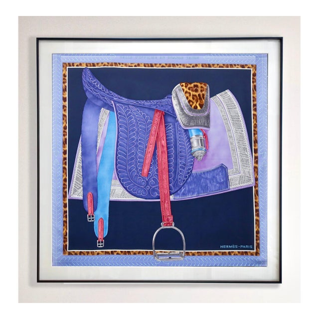 Framed Hermès Silk Scarf "Selle d'Officier en Grande Tenue" by Wlodek Kaminski - Midnight Black Frame For Sale