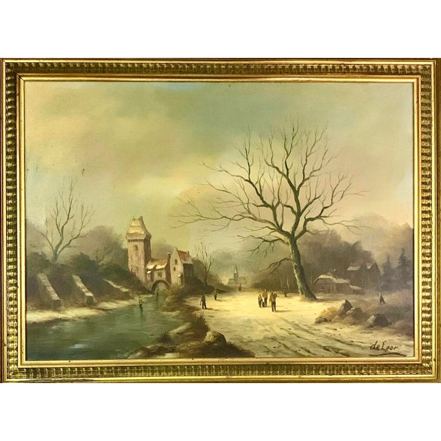 Mid-Century Modern Impressionist Oil Painting, Dutch City on Rhine in Winter, Signed & Framed, 32"w For Sale - Image 4 of 8