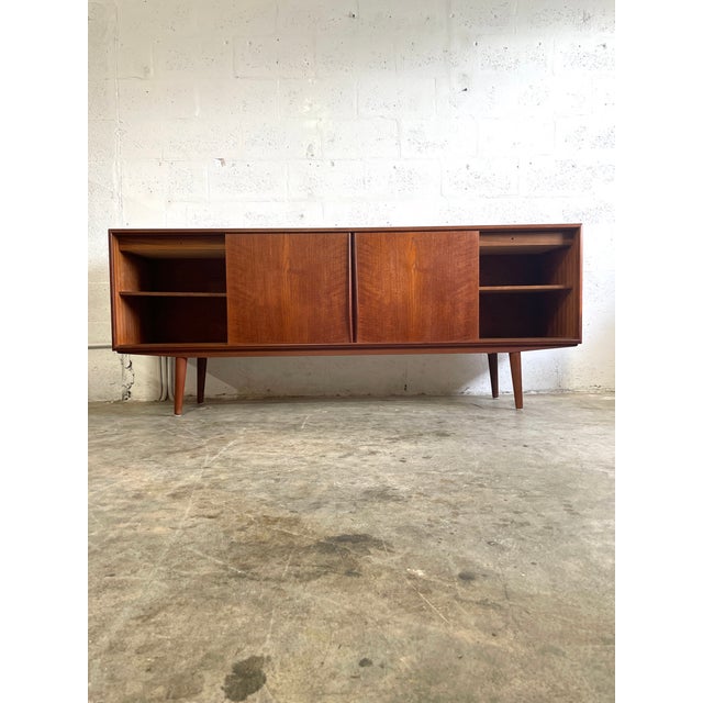 Danish Modern Teak Console or Credenza. Shelves behind drawers. 77w 17d 31.75h