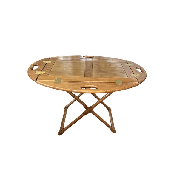 Campaign Vintage English Campaign-Style Butler’s Tray Table – Folding Faux Bamboo Base, Adjustable Height, Removable Serving Tray in Oak For Sale - Image 3 of 10