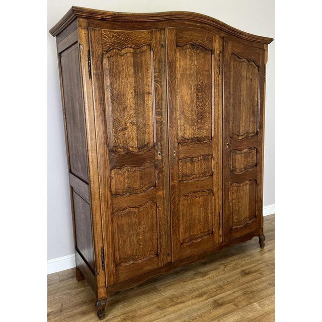 Vintage French Louis XVI Style Carved Oak 3-Door Wardrobe For Sale - Image 4 of 16