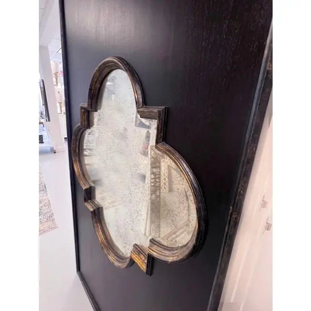 This tall floor mirror features hand polished and hand carved quatrefoil inset with a magnificent hand-carved mahogany...