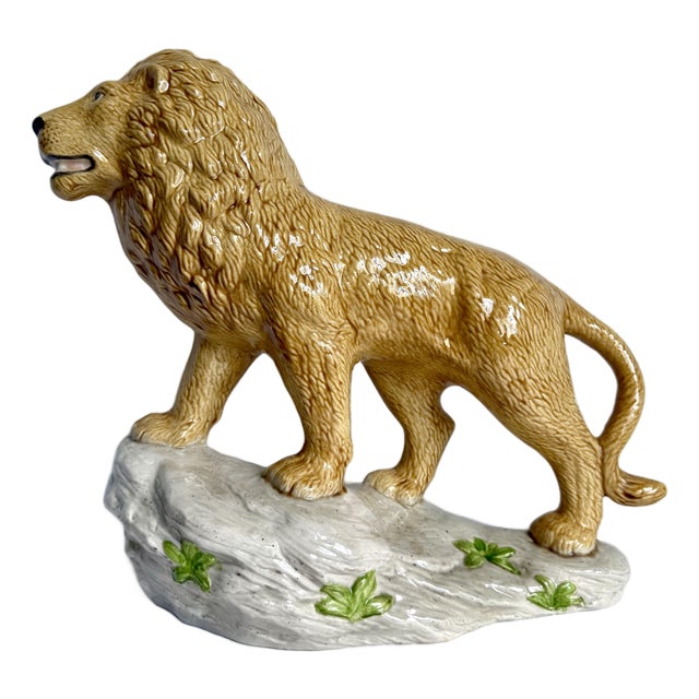 Mid-Century Hand-Painted Glazed Ceramic Lion Figurine on Rock Base For Sale