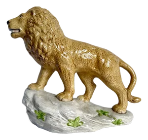 Mid-Century Hand-Painted Glazed Ceramic Lion Figurine on Rock Base