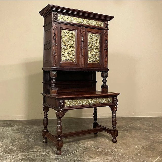 French 19th Century Flemish Louis XIV Secretary ~ Bookcase With Embossed Brass For Sale - Image 3 of 13