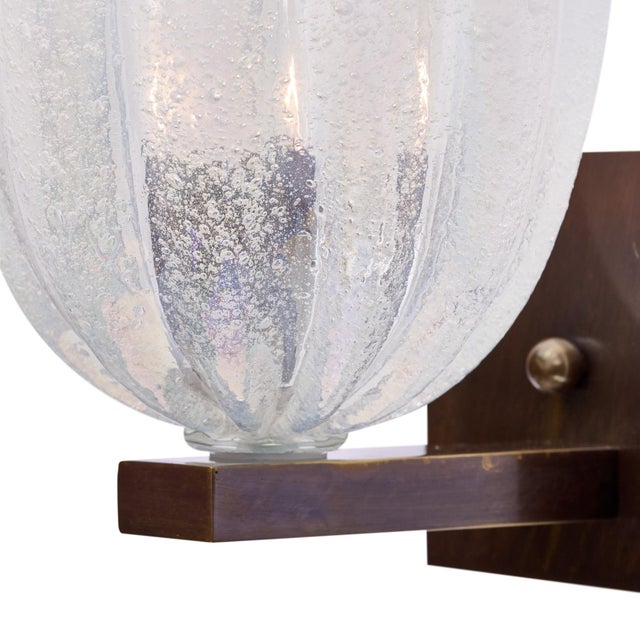 Metal Italian Venetian Murano Pulegoso Glass Sconces With Patinated Brass - a Pair For Sale - Image 7 of 9