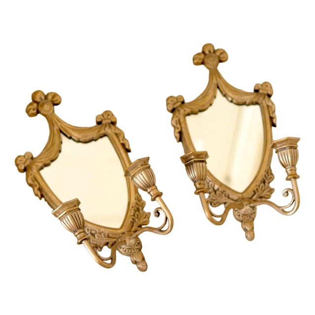 Vintage Italian Brass Sconces with Mirror, Set of 2 For Sale