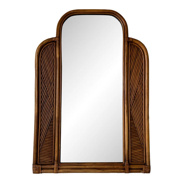 Vintage Coastal Rattan and Leather Arched Top Wall Mirror For Sale
