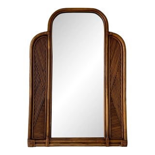 Vintage Coastal Rattan and Leather Arched Top Wall Mirror/ Sold