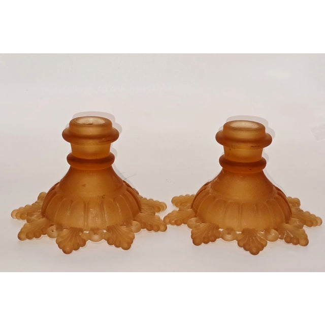 Amber Pair of Vintage Westmoreland “Ring and Petal” Amber Glass Candle Holders For Sale - Image 8 of 8