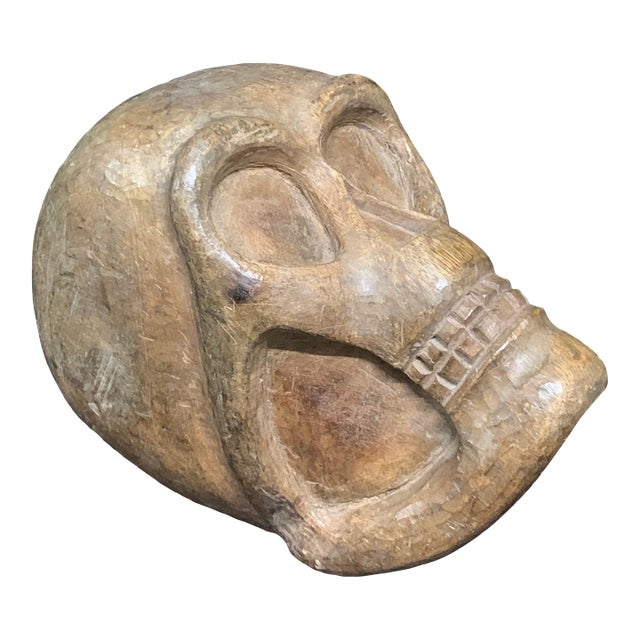 Vintage Carved Solid Wood Skull Sculpture For Sale