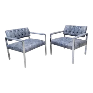 Mid-Century Modern Milo Baughman Style Chrome Tufted Chairs Newly in Leather, Pair