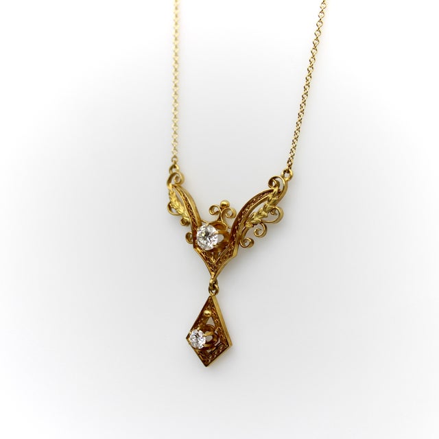 Late 19th Century Victorian 14k Gold Filigree and Old European Cut Diamond Pendant Necklace For Sale - Image 4 of 9