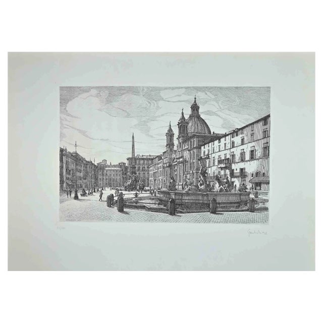 Giuseppe Malandrino, View of Piazza Navona, Original Etching, 1970 For Sale