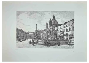 Giuseppe Malandrino, View of Piazza Navona, Original Etching, 1970