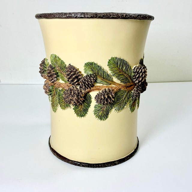 1980s Vintage Arts & Crafts Adirondack Black Forest Pine Cone Accent Wastebasket For Sale - Image 4 of 10