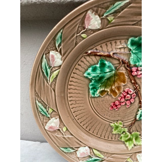 Brown French Majolica Grape & Flowers Plate Luneville, Circa 1880 For Sale - Image 8 of 10