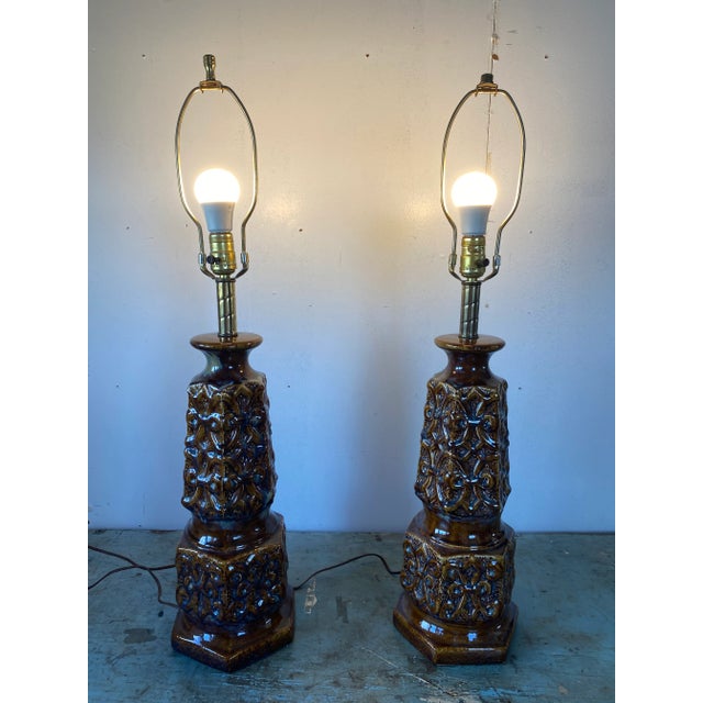 Vintage Large Ceramic Brown Drip-Glazed Retro Pottery Table Lamps - a Pair For Sale - Image 12 of 13