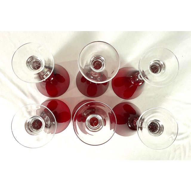 Vintage Large Hand Blown Water/Wine Goblets Ruby Red Bowl & Clear Stems- Set of 6 For Sale - Image 4 of 5
