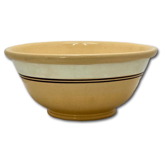 English Nice Antique Large Thick & Heavy 13 Inch Brown & Cream Color Banded Yellow Ware Kitchen Mixing Bowl - Circa Late 1800s For Sale - Image 3 of 18