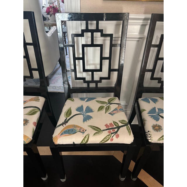 Jean Claude Mahey Black Lacquered Fretwork Dining Chairs Attributed to Jean Claude Mahey for Roche Bobois - Set of 4 For Sale - Image 4 of 12