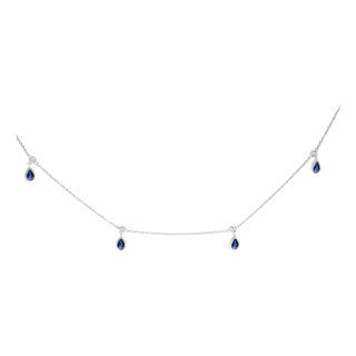 10K White Gold Dangling 5x3 mm Pear Blue Sapphire and Diamond Station Necklace - 18" Inches For Sale
