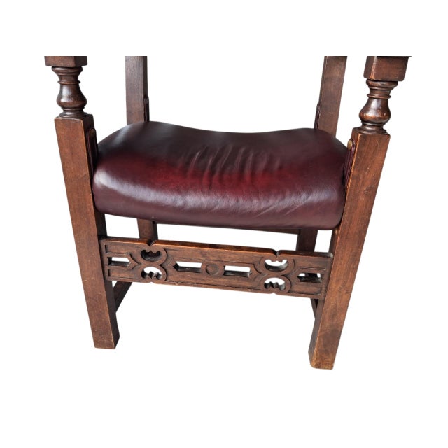 Rare Antique Spanish Revival / Gothic Oak Armchair in Oxblood Leather & Bronze Accents For Sale - Image 11 of 12