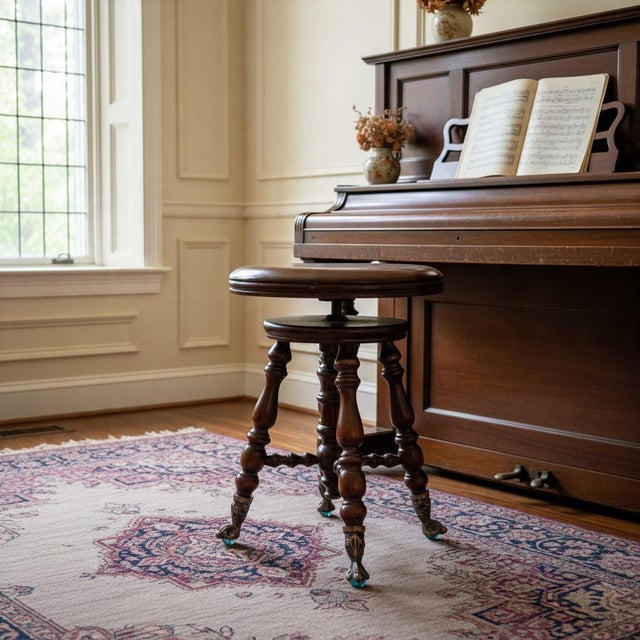 Victorian Antique Victorian Piano Stool-Charles Parker-Blue Glass Ball Claw Feet-Wood Seat For Sale - Image 3 of 9