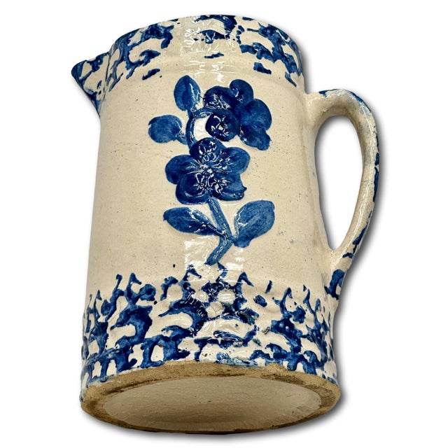 Blue Unusual Antique American Blue Spongeware & Flower Decorated Stoneware Milk Pitcher Circa Late 19th Century For Sale - Image 8 of 18