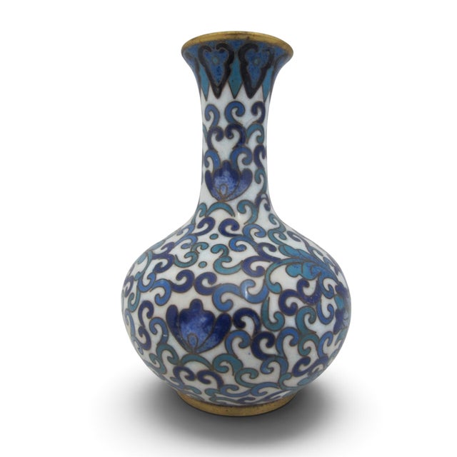 Mid 20th Century Chinese Cloisonne Turquoise & Cobalt Blue Enamel Flower Small Brass Vase For Sale - Image 5 of 10