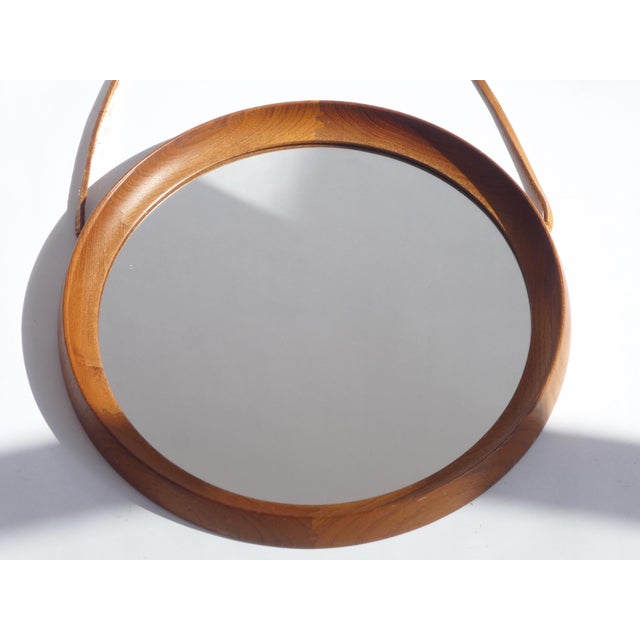 Mid-Century Scandinavian Modern Round Teak Mirror with Leather Cord, Denmark For Sale - Image 4 of 10
