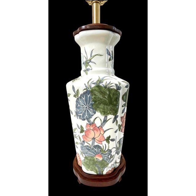 Vintage Green Pink Lotus Blossom Chinoiserie Lilly Pad Lamp Asian Finial For Sale - Image 4 of 9