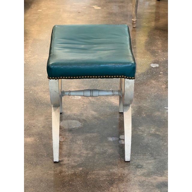 1950s Curule Stool With Teal Leather Seat For Sale - Image 4 of 8