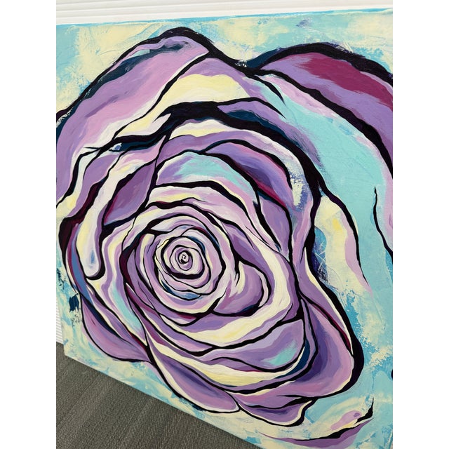 2010s P. Black Signed Pop Art Stylized Teal + Lavender Rose Acrylic Painting For Sale - Image 5 of 12