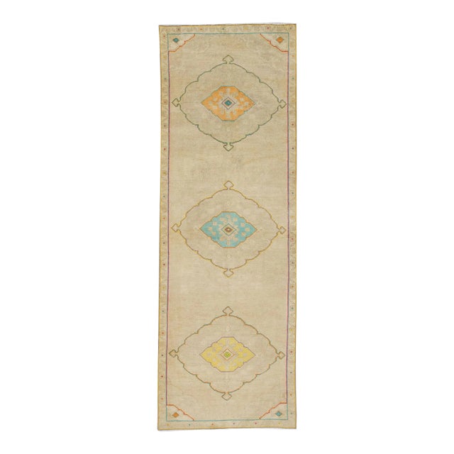 1960s Beige Multicolor Geometric Design Handwoven Wool Vintage Turkish Runner 3'4" X 9'1" For Sale
