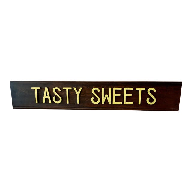 Large Vintage Wooden Tasty Sweets Bakery Sign From England - Circa 1970’s For Sale