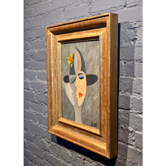 Gray Phillipe Marchand -Surrealist Portrait of a Man Kissing a Woman-Oil Painting For Sale - Image 8 of 10