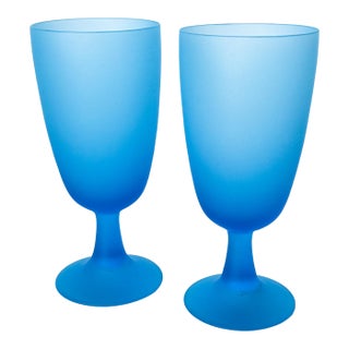 1960s Carlo Moretti Italy Satinato Frosted Blue Wine Water Glasses - A Pair For Sale