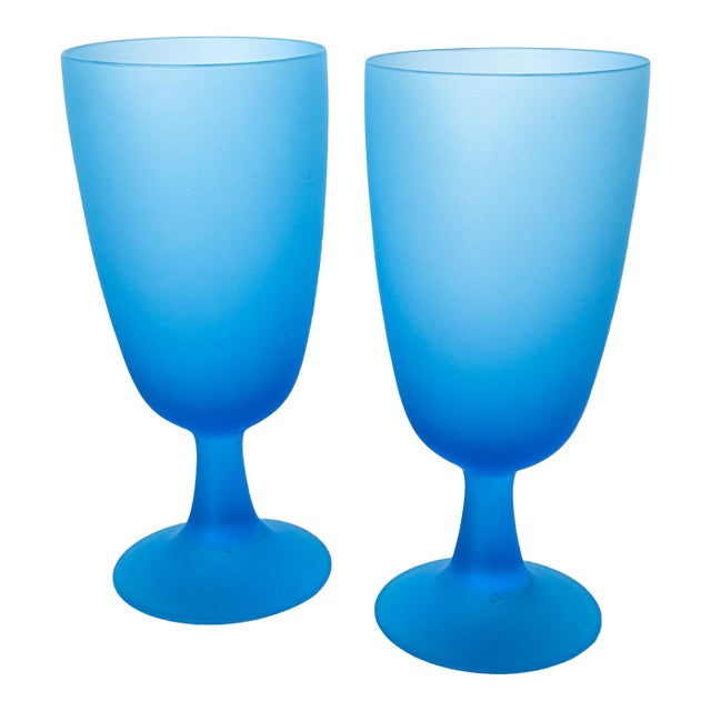 1960s Carlo Moretti Italy Satinato Frosted Blue Wine Water Glasses - A Pair For Sale