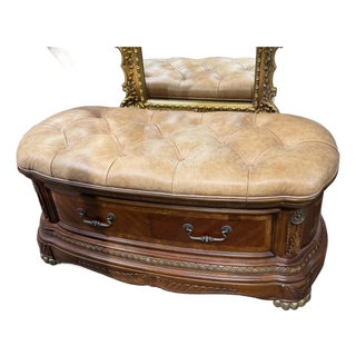 Aico Amini “Cortina” Honey Walnut Leather Top Storage Bench / Bedside Bench For Sale
