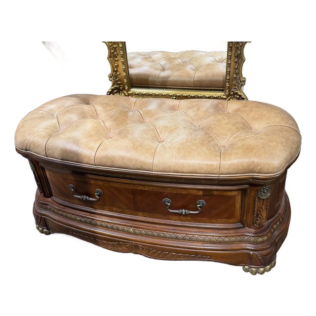 Aico Amini “Cortina” Honey Walnut Leather Top Storage Bench / Bedside Bench For Sale