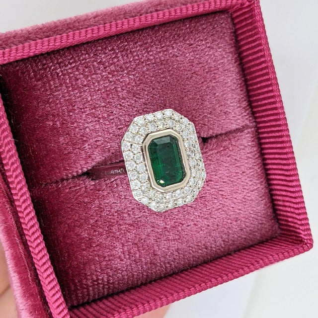 Emerald Cut Zambian Emerald Diamond Double Halo Ring: Solid 14k Gold, 7x4mm, Size 6.75 For Sale - Image 4 of 9