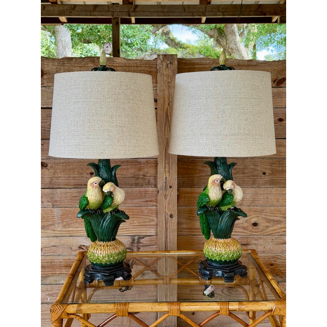 Sculptural Parrot Table Lamps With New Linen Shades - a Pair For Sale - Image 11 of 12