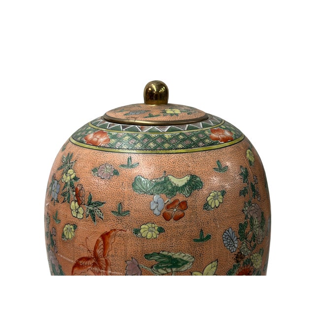Pink Vintage Oriental Pink Rose Butterflies Floral Graphic Porcelain Jar For Sale - Image 8 of 13