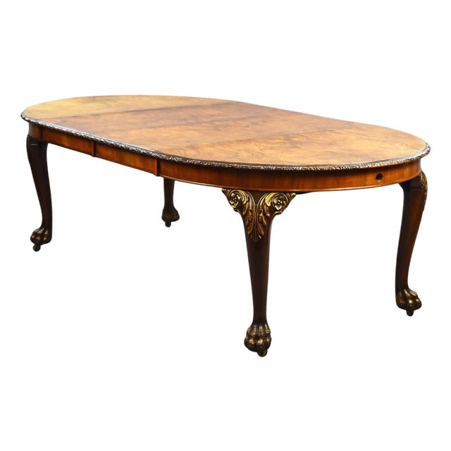 Queen Anne Style Burr Walnut Wind-Out Extending Dining Table and Chairs, 1930, Set of 5 For Sale