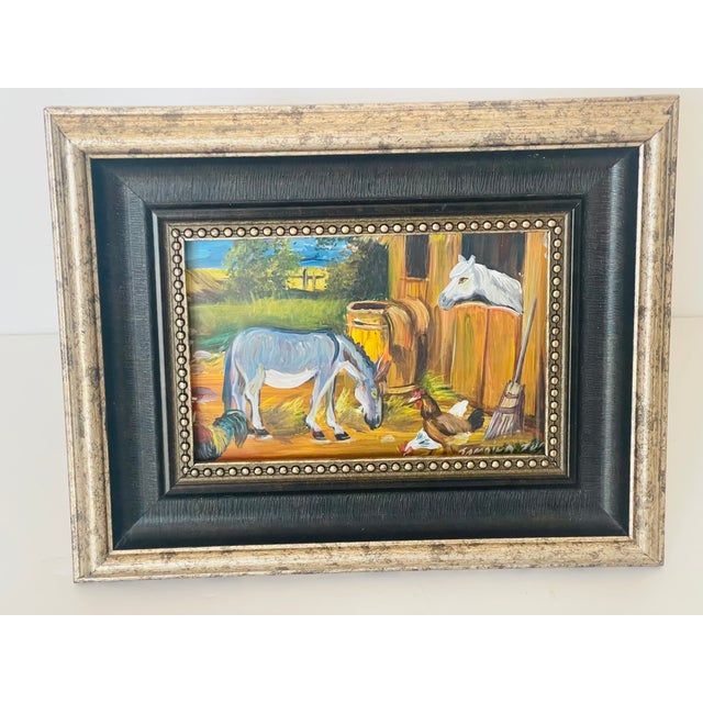 Original art oil on board signed of a country barn scene with a horse and a donkey.
