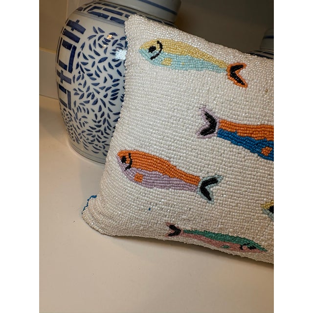 Palm Beach Preppy Beaded Sardine Fish Lumbar Accent Pillow For Sale - Image 9 of 14