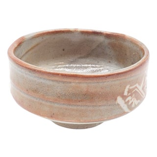 Signed Japanese Footed Pottery Bowl – Textured Taupe & Rust Drip Glaze Art For Sale