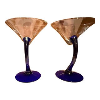 1990s Cobalt-Stemmed Libbey Bravura Martini Glasses - a Pair For Sale